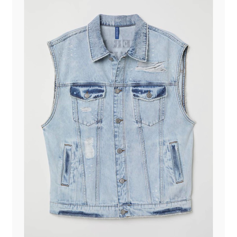 New H&M Denim Vest with Printed Design Light Distressed denim XL - Picture 5 of 10